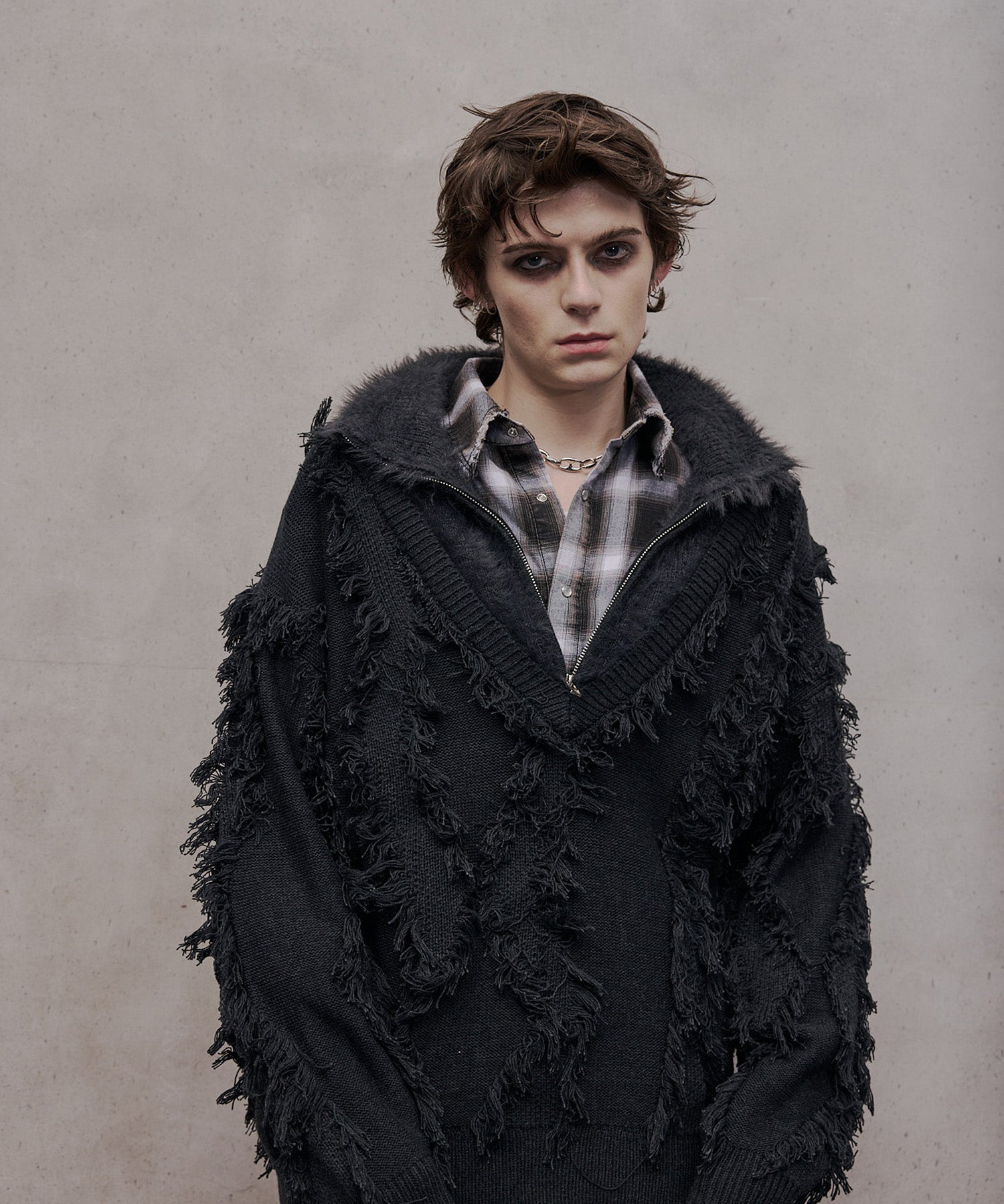 毛皮对接流苏提花针织衫(黑色)