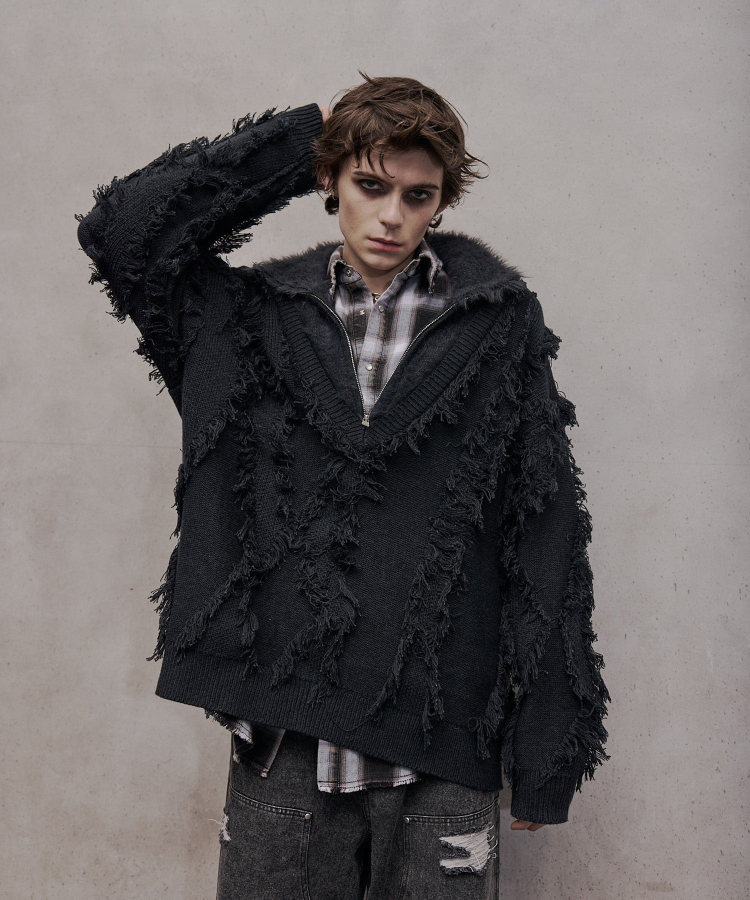 毛皮对接流苏提花针织衫(黑色)