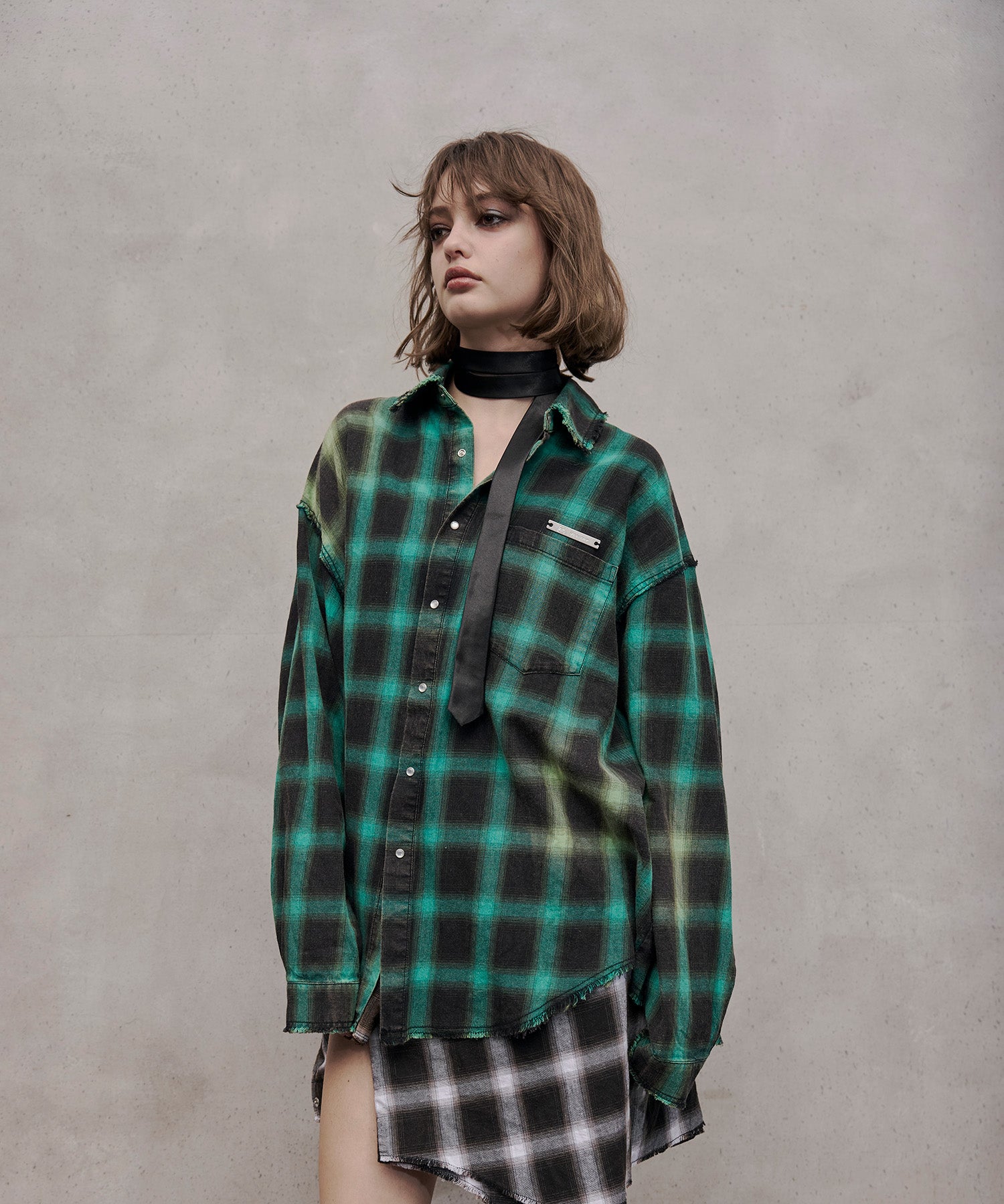 长袖格纹衬衫(绿松石色)