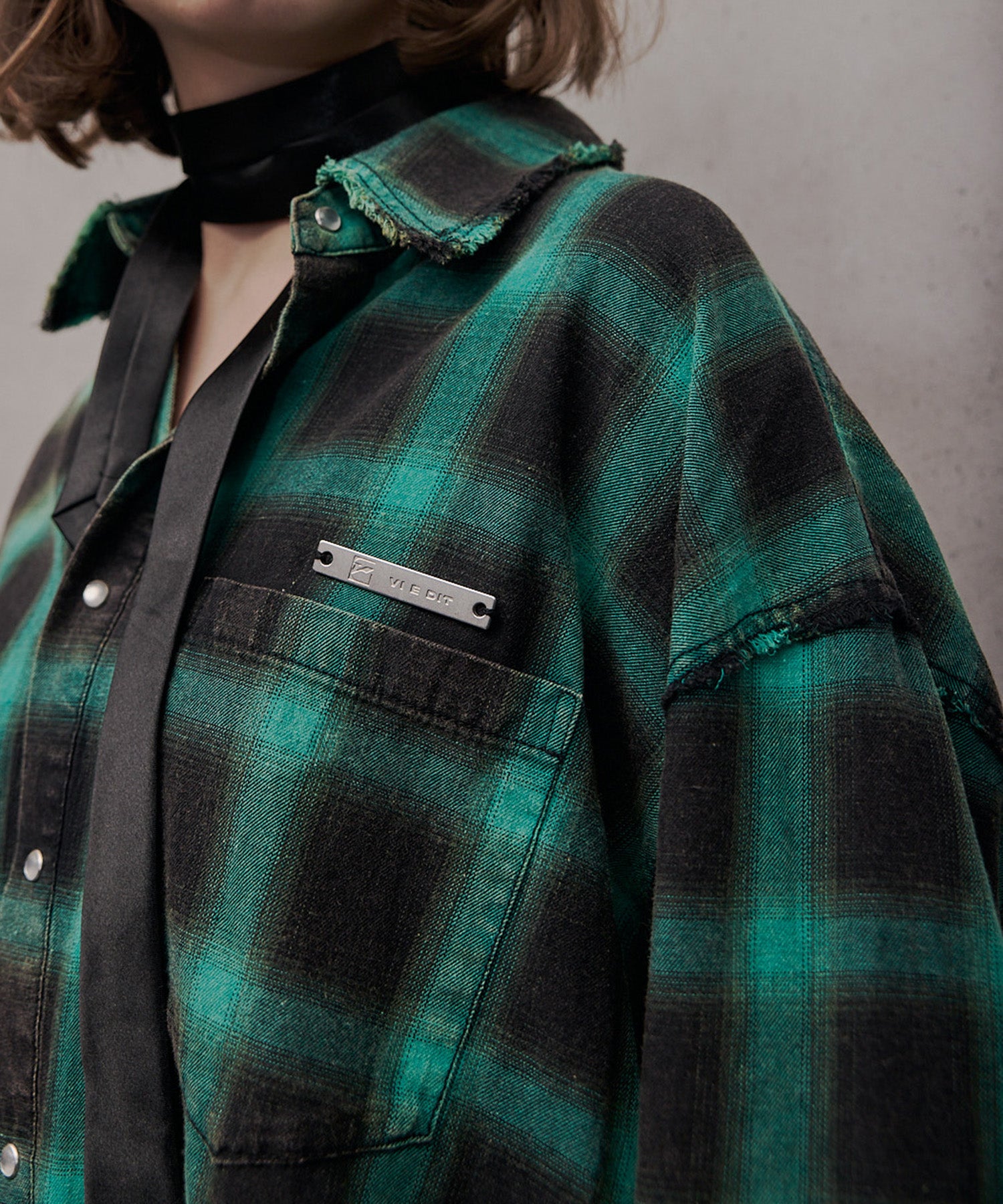 长袖格纹衬衫(绿松石色)