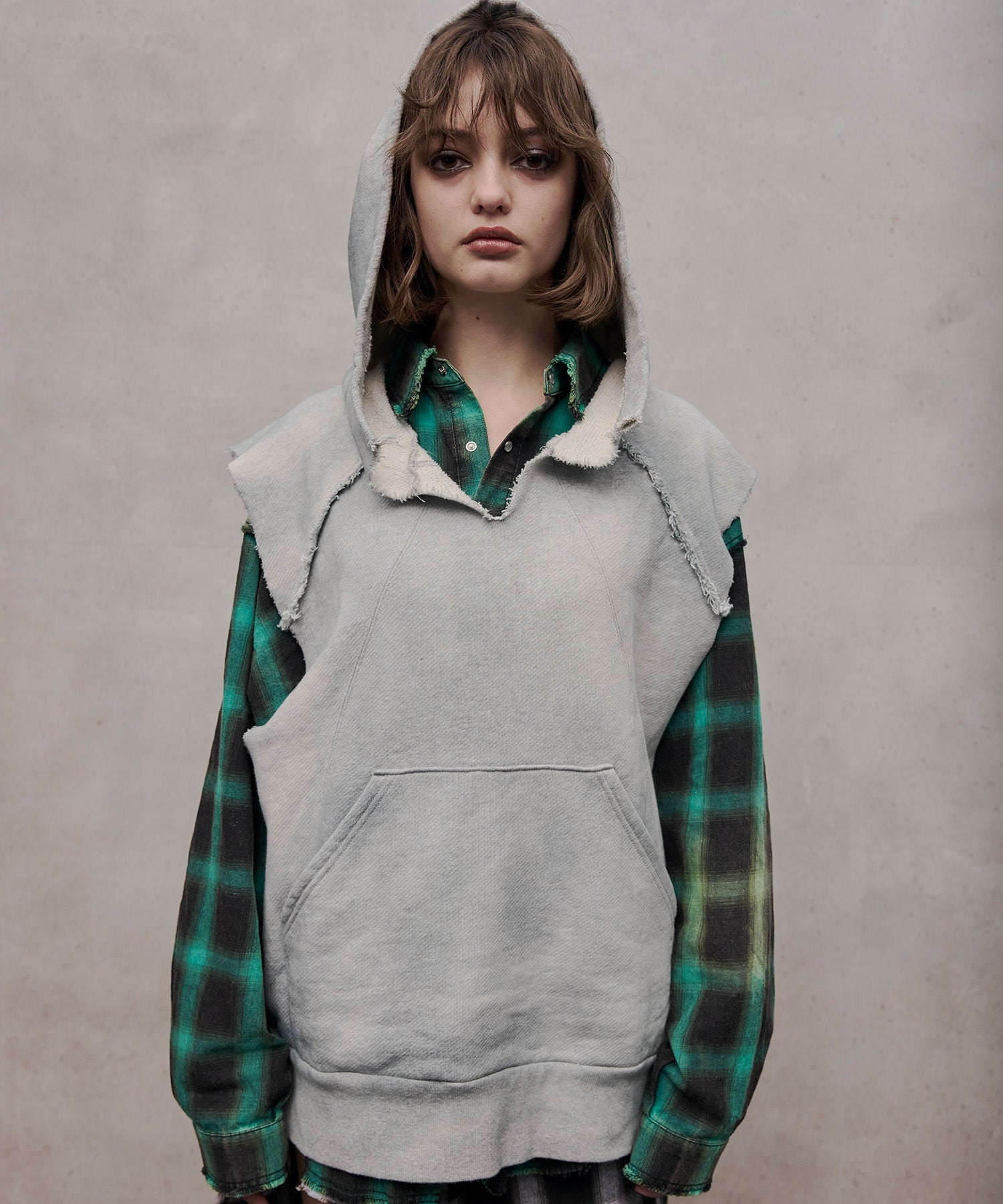 水洗重磅背心连帽衫(浅灰色)