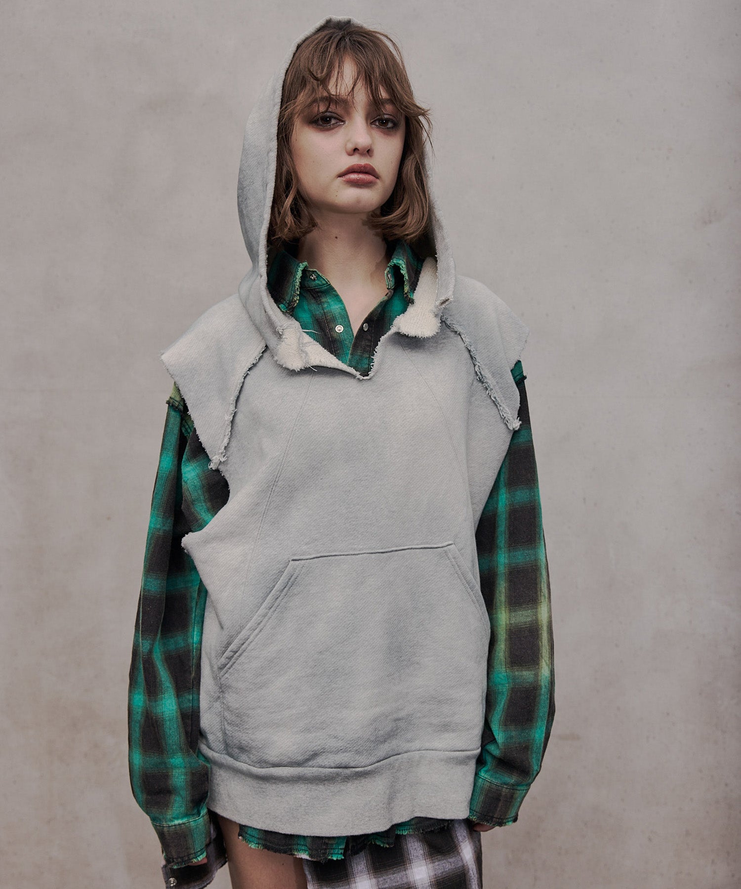 水洗重磅背心连帽衫(浅灰色)