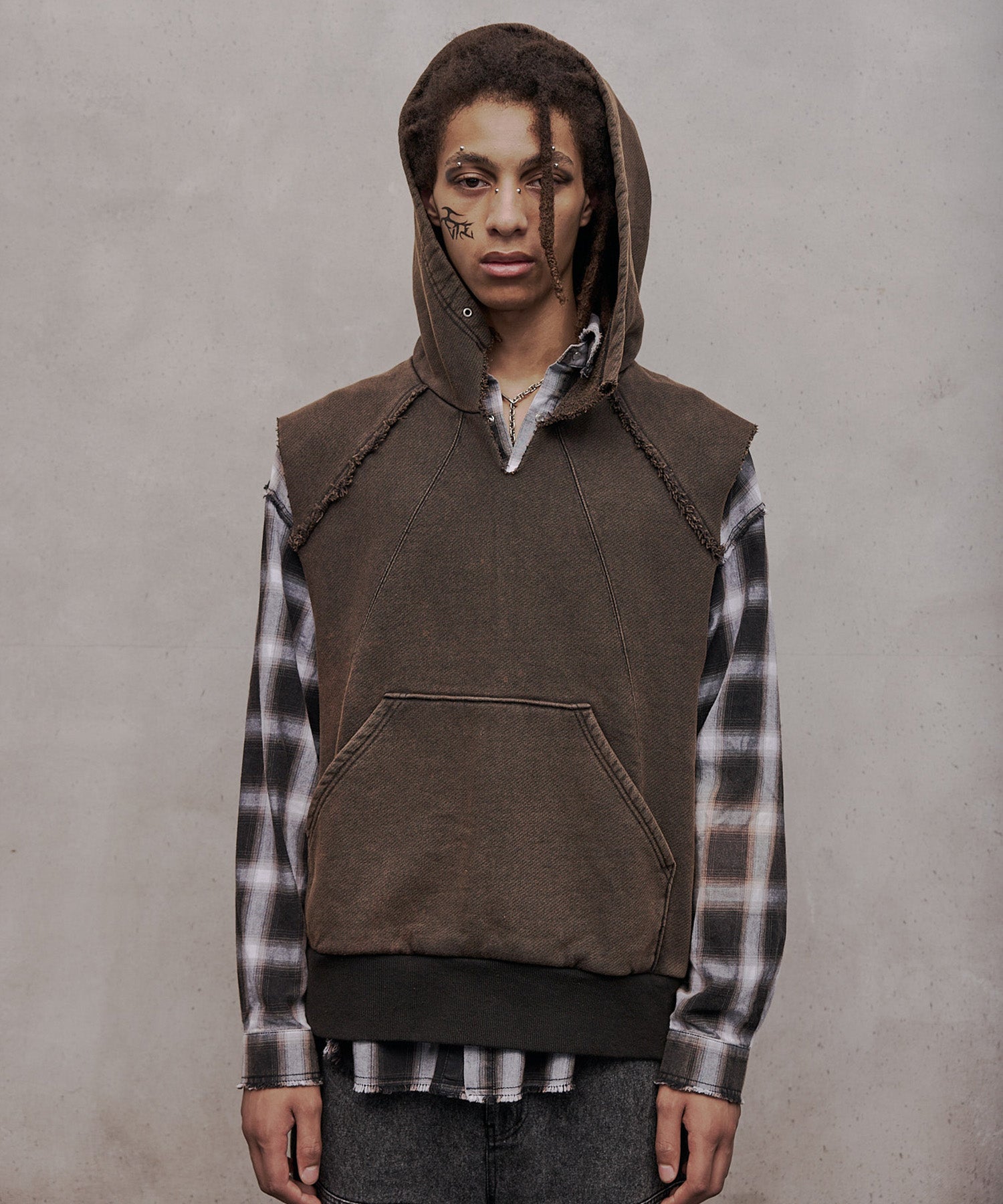 水洗重磅背心连帽衫(黑色)