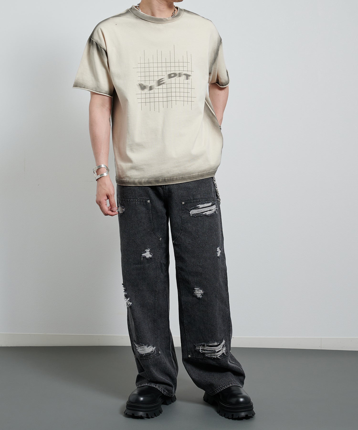 双及膝宽牛仔裤(黑色)