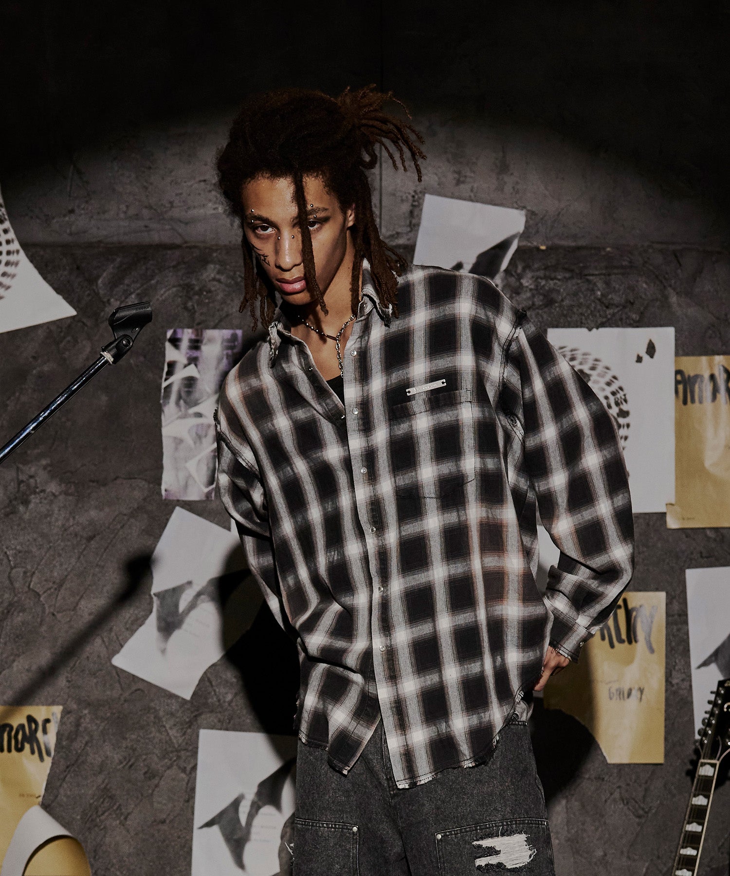 长袖格纹衬衫(炭棕色)