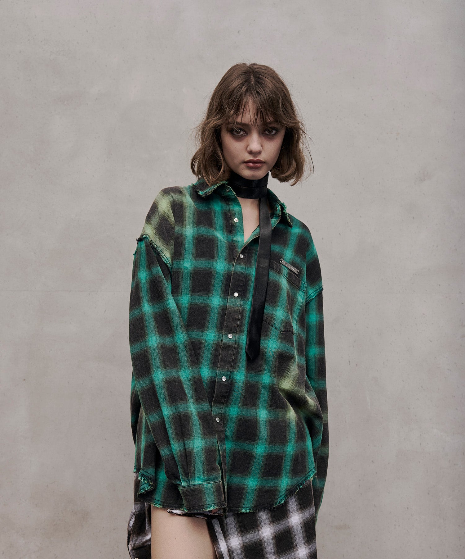 长袖格纹衬衫(绿松石色)