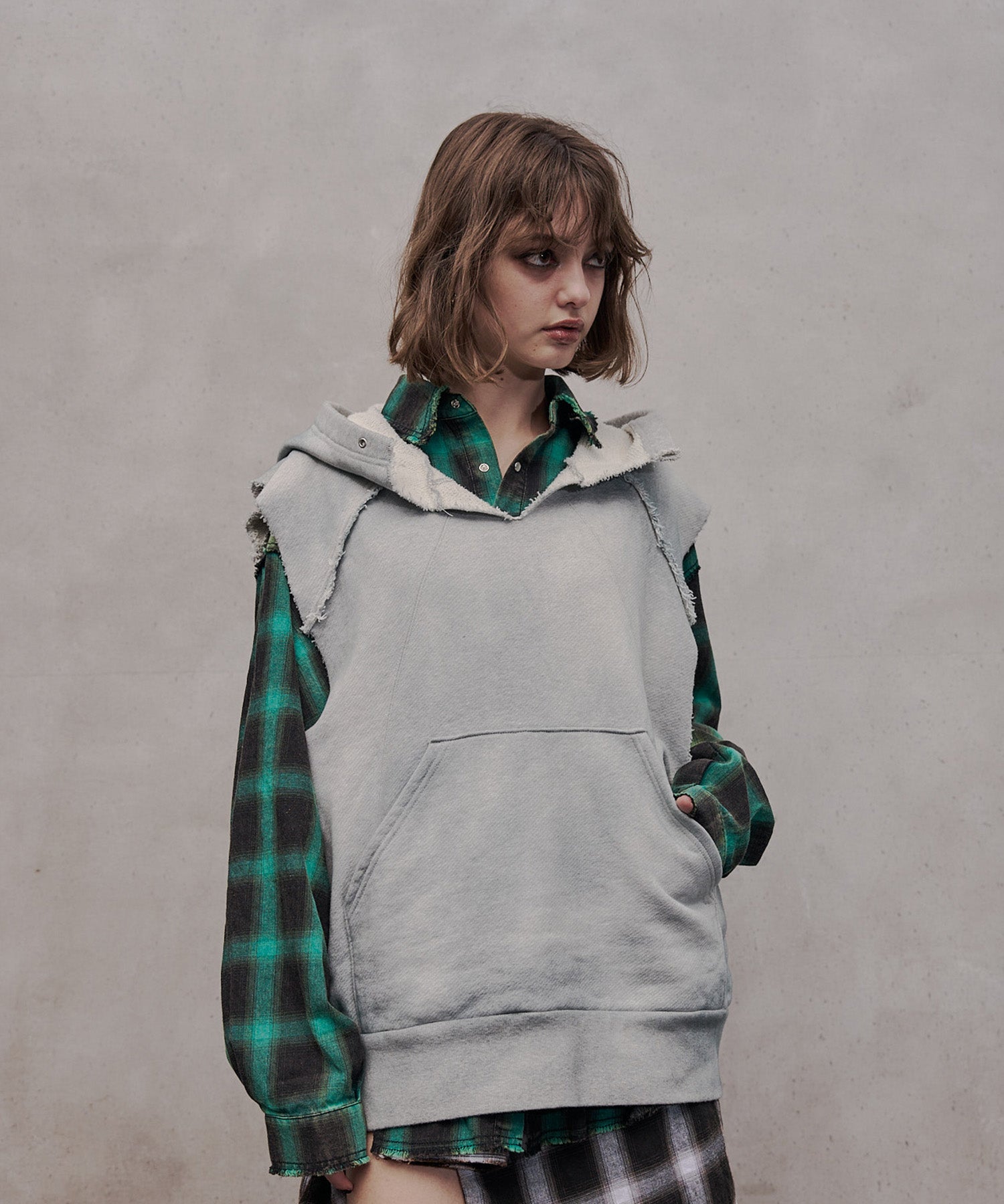 水洗重磅背心连帽衫(浅灰色)