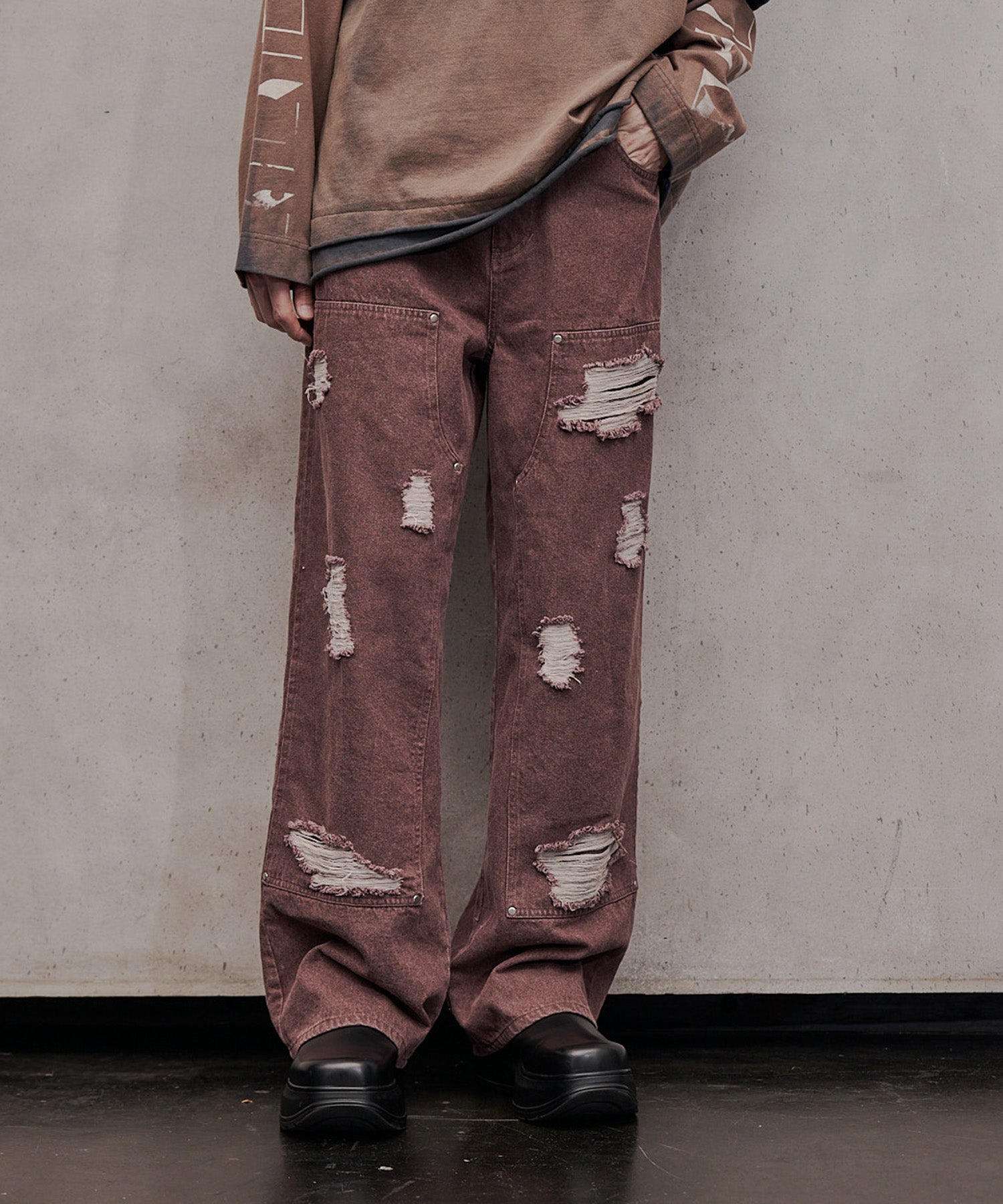 Double Knee Denim Wide Pants (Pink) 