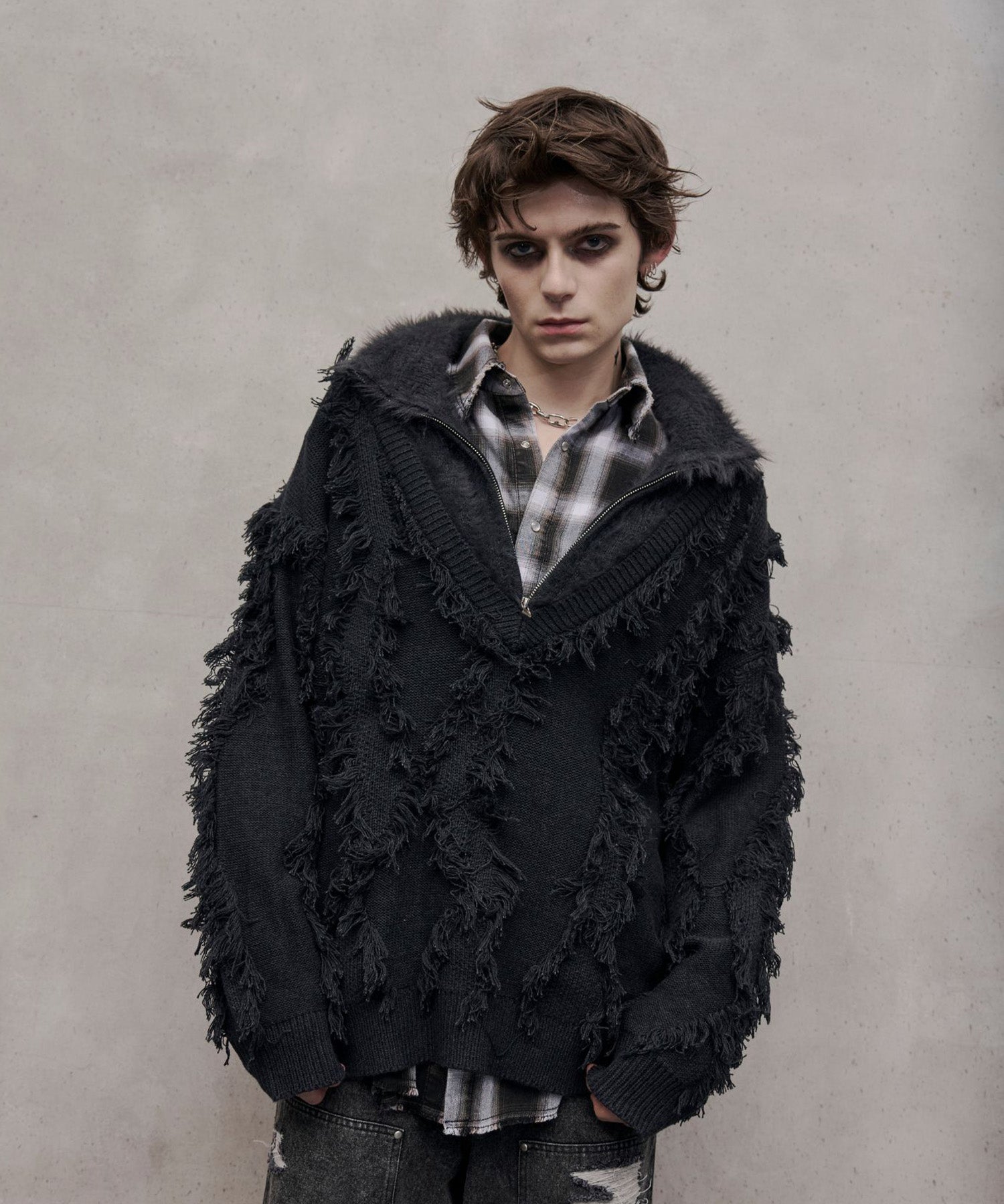毛皮对接流苏提花针织衫(黑色)