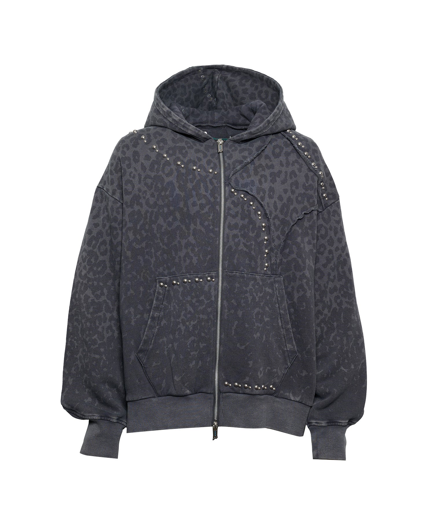 Stud Bleach Leopard Zip Hoodie (Gray)