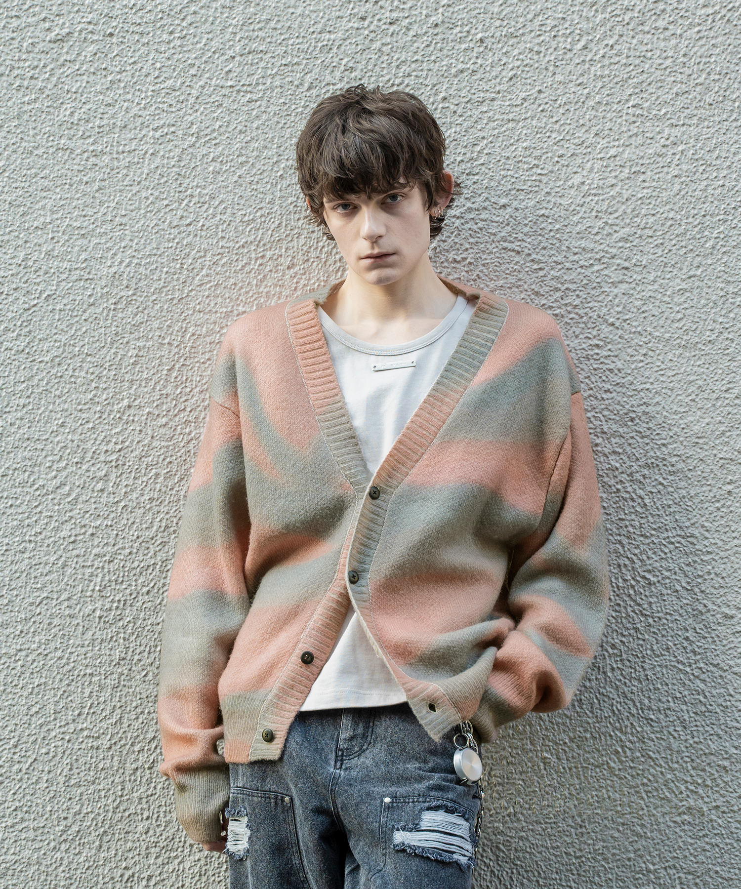 Wool gradient print cardigan (Red)