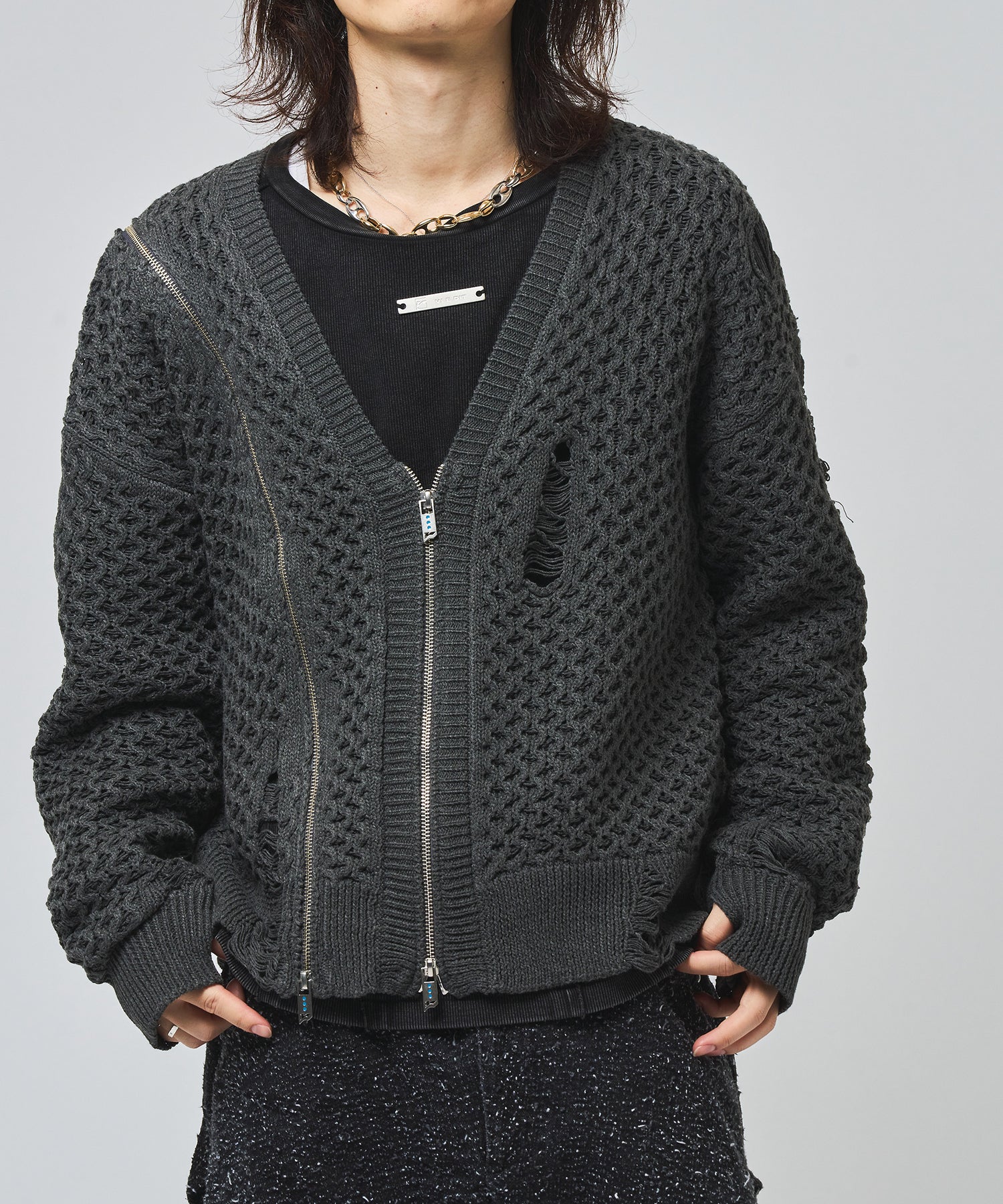 Line Zip Damage Cardigan(Gray)