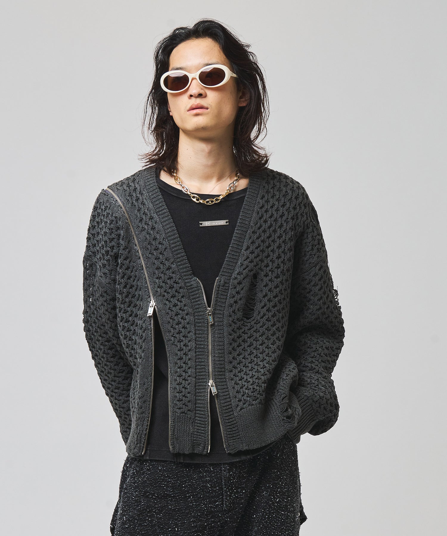 Line Zip Damage Cardigan(Gray)