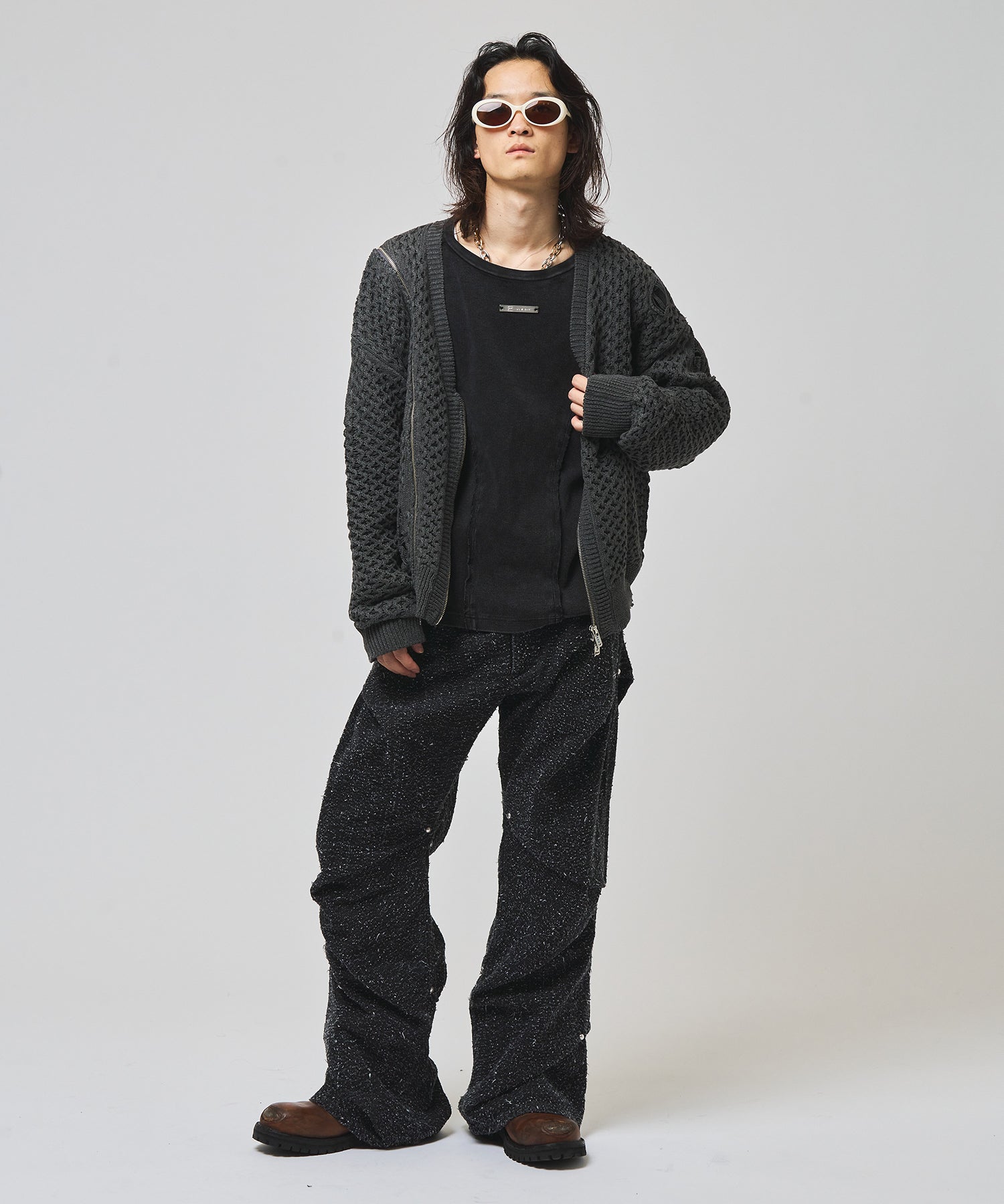 Line Zip Damage Cardigan(Gray)