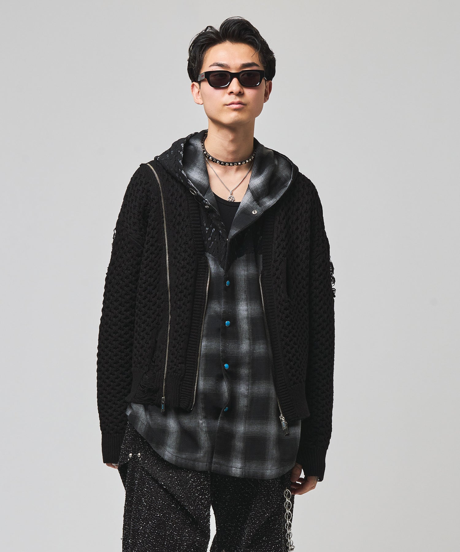 Line Zip Damage Cardigan(Black)