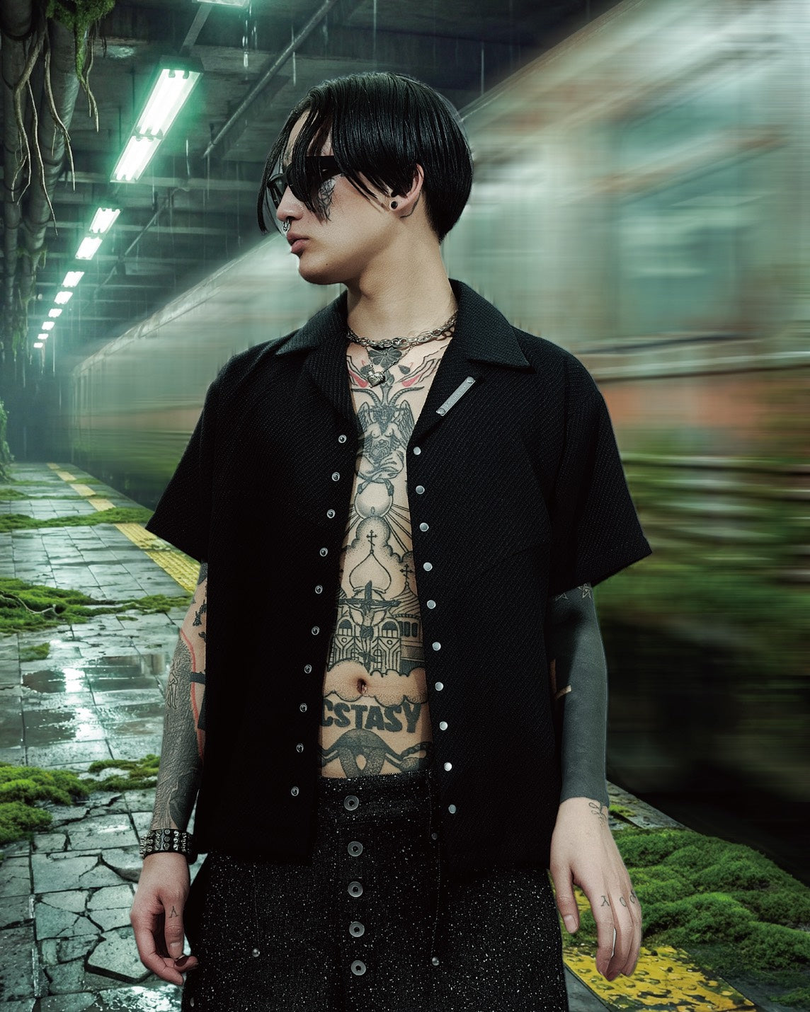 Stud Open Collar Shirt (Black)
