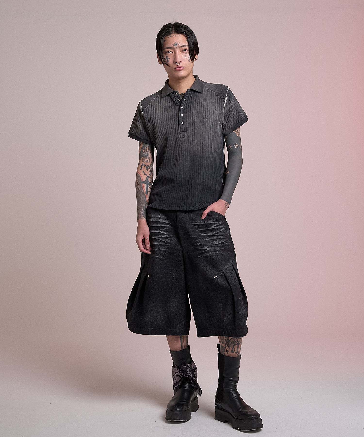Crushed Bleach Denim Pants(Black)