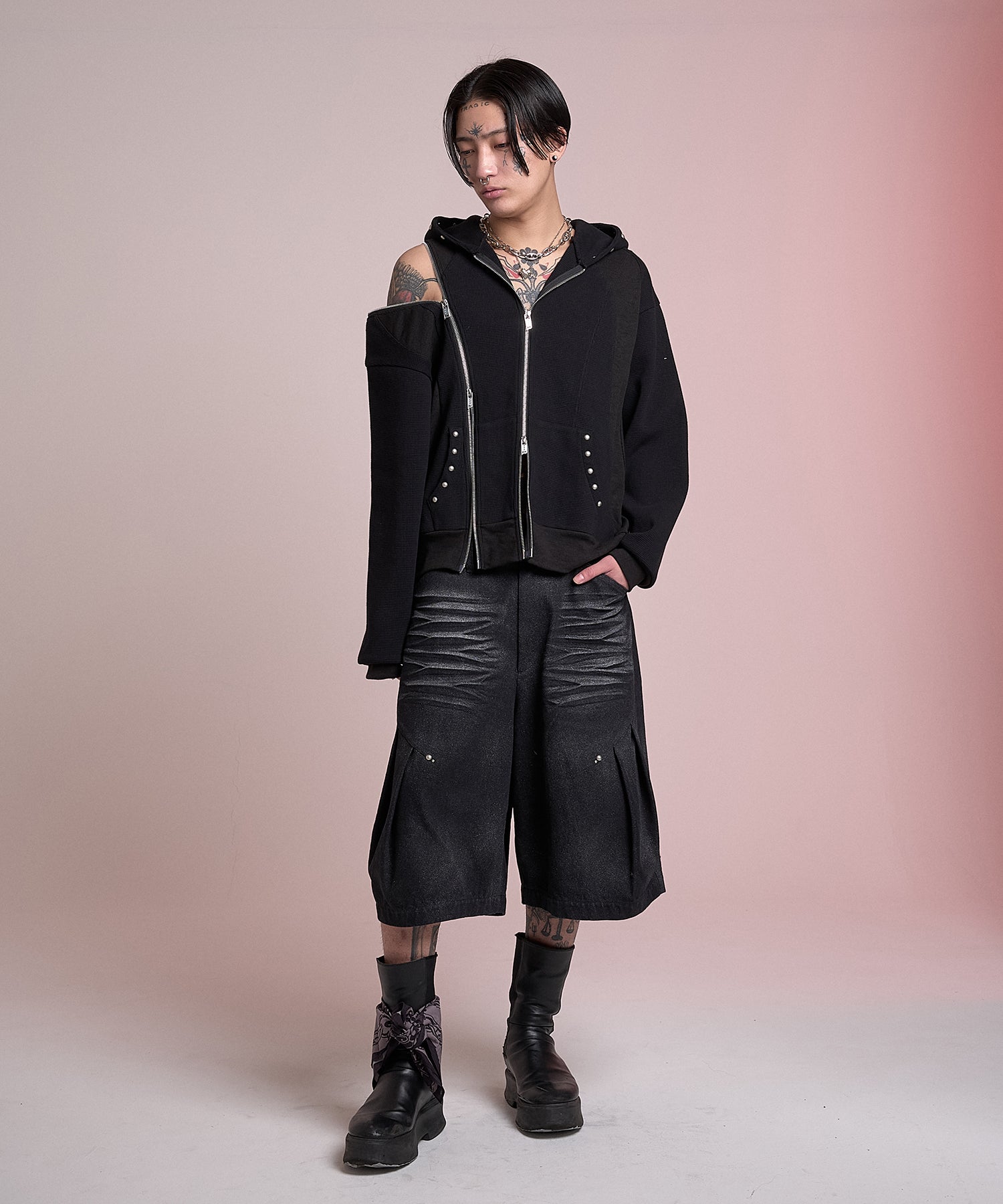 Crushed Bleach Denim Pants(Black)