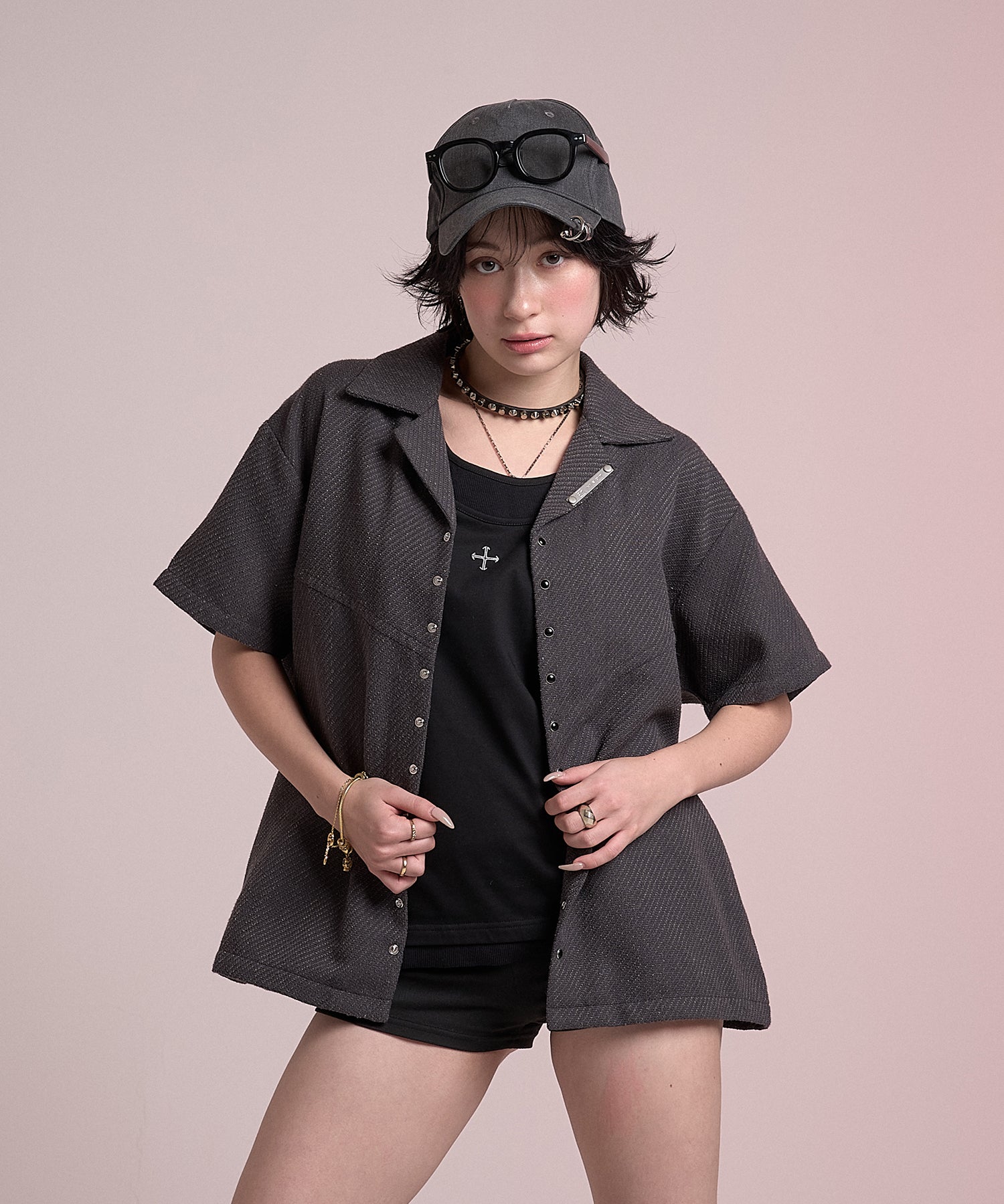 Stud Open Collar Shirt (Gray)