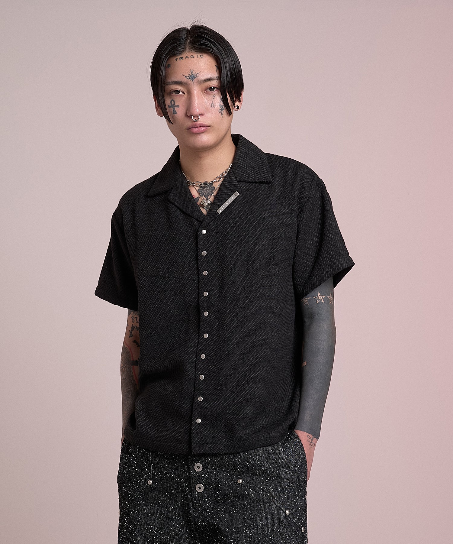 Stud Open Collar Shirt (Black)