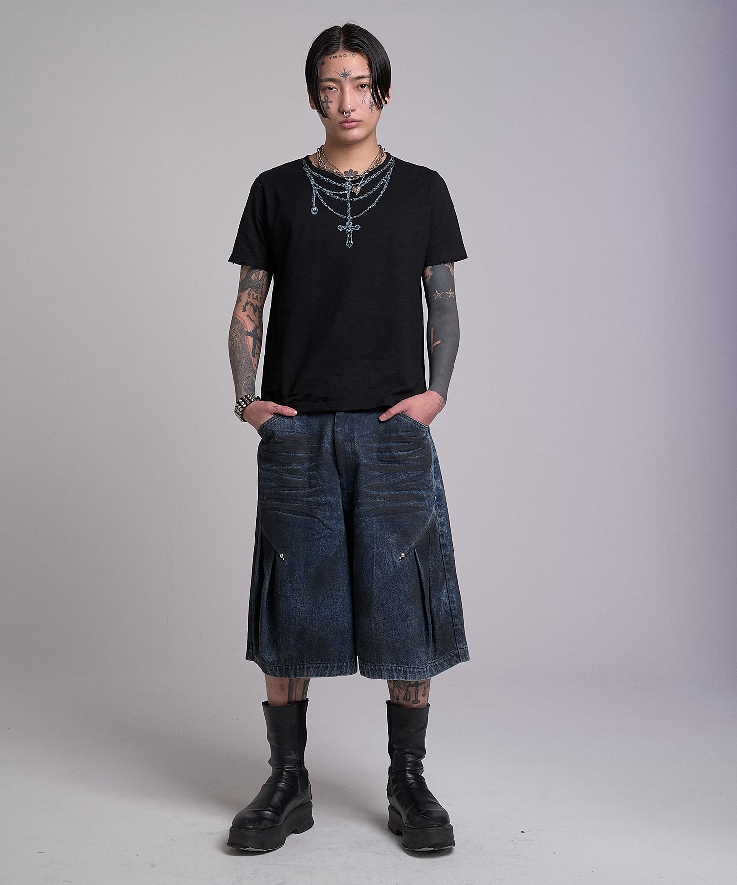 Crushed Bleach Denim Pants(Black)