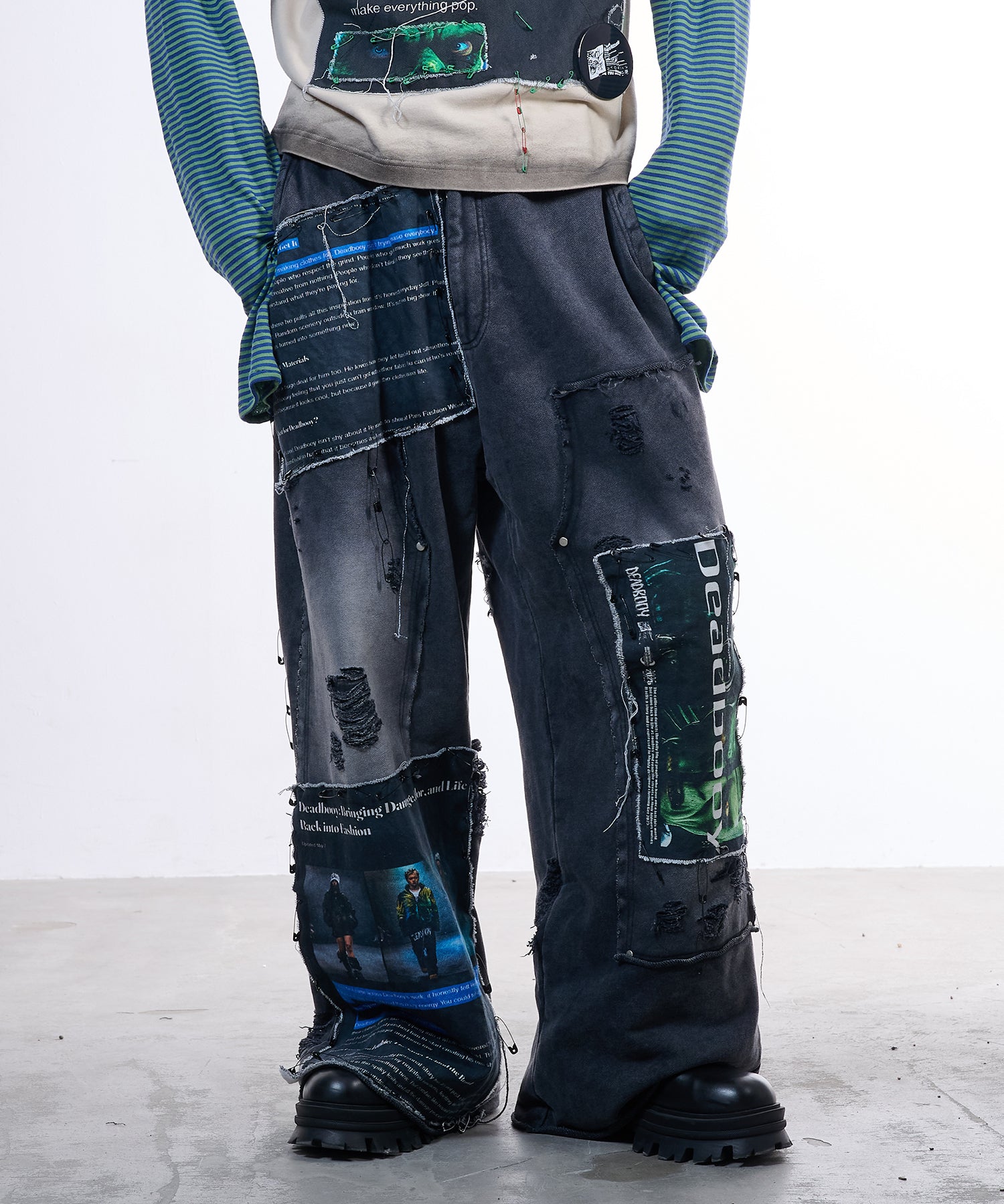 〈Deadbooy × VI E DIT〉Urban grunge double knee sweatpants(Black)