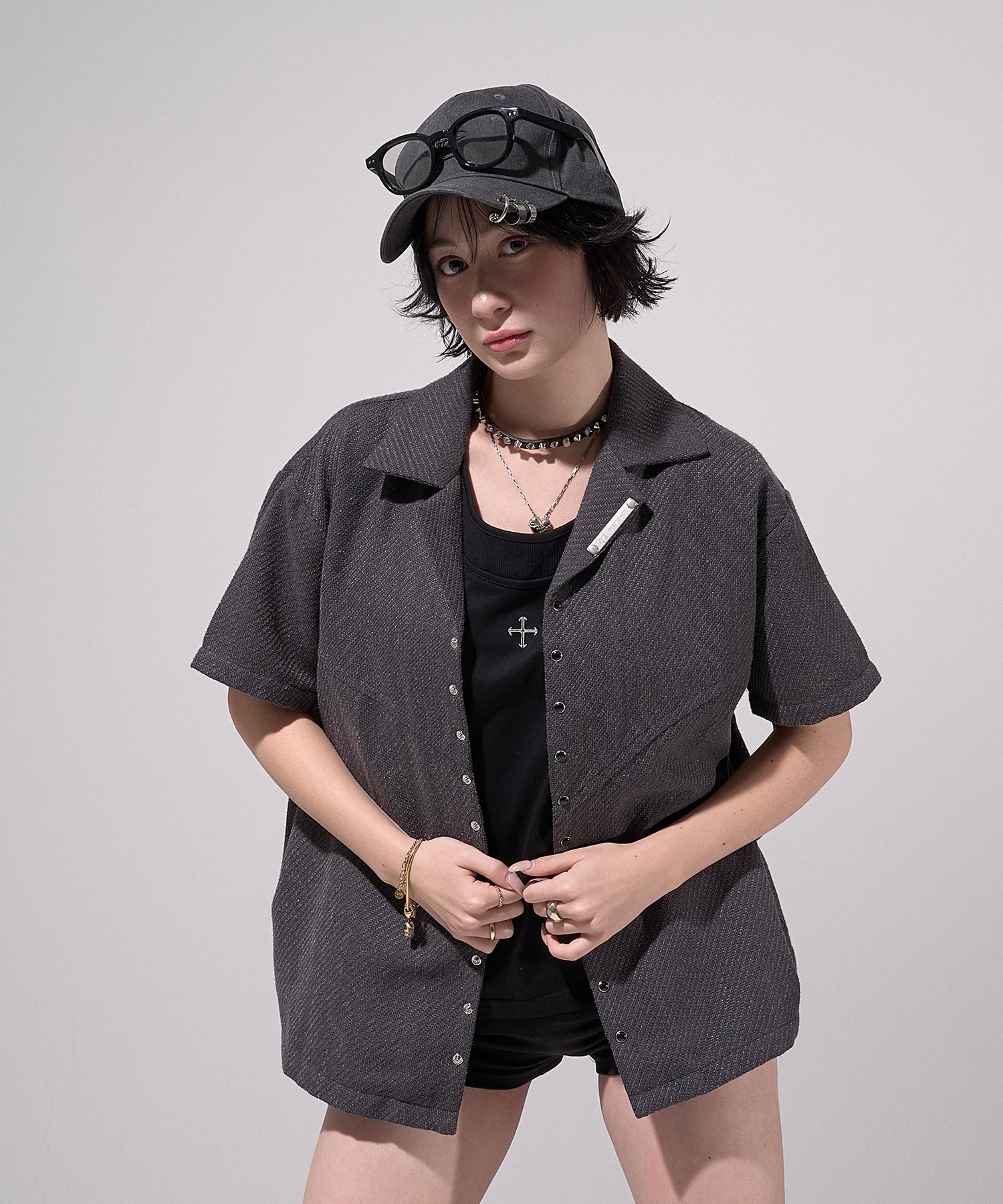 Stud Open Collar Shirt (Gray)